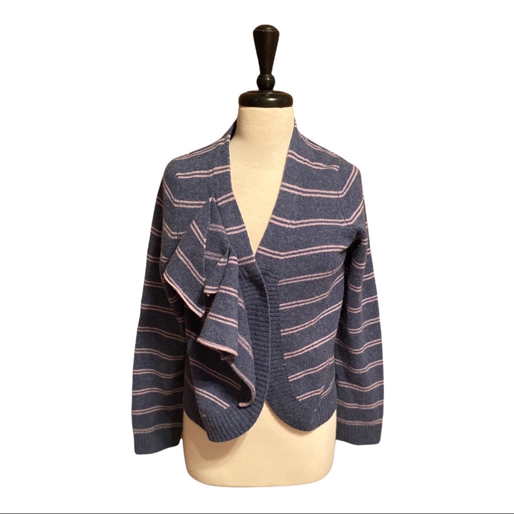 Marc Jacobs Ruffled Cardigan Navy & Pink Striped Sweater 100% Lambs Wool Sz M
